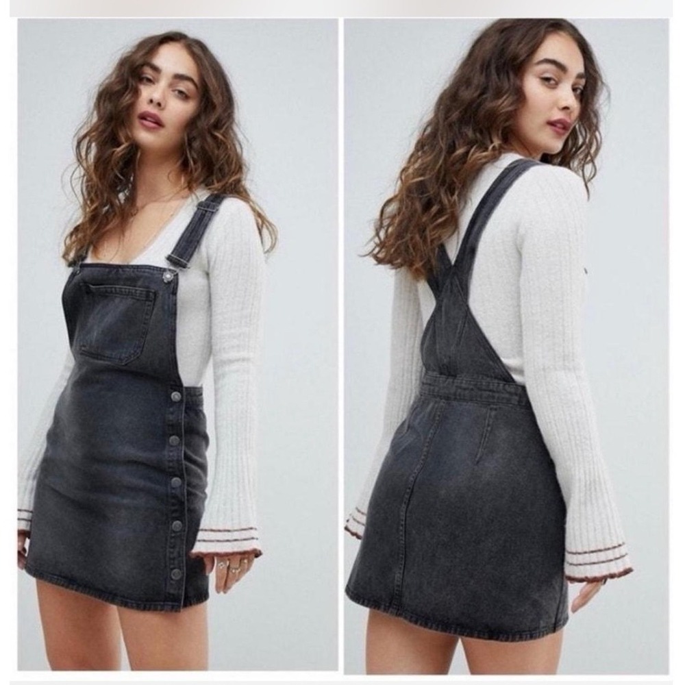 Free People Louise Denim Skirtall 4 Black Overall Mini Dress Jumper 90s Grunge